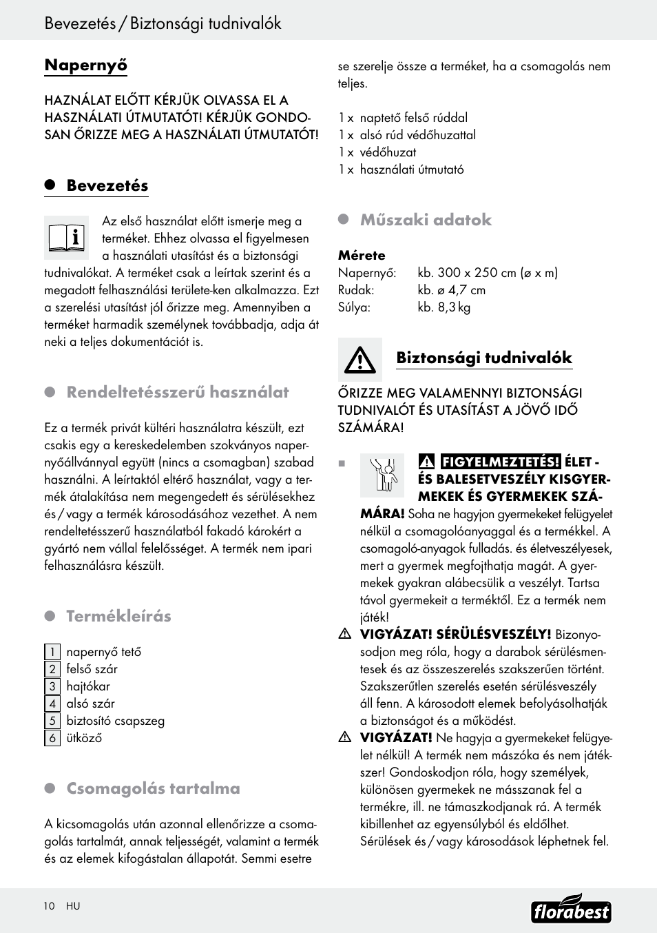 Bevezetés / biztonsági tudnivalók, Napernyő, Bevezetés | Rendeltetésszerű használat, Termékleírás, Csomagolás tartalma, Műszaki adatok, Biztonsági tudnivalók | Florabest Z9904 User Manual | Page 10 / 25