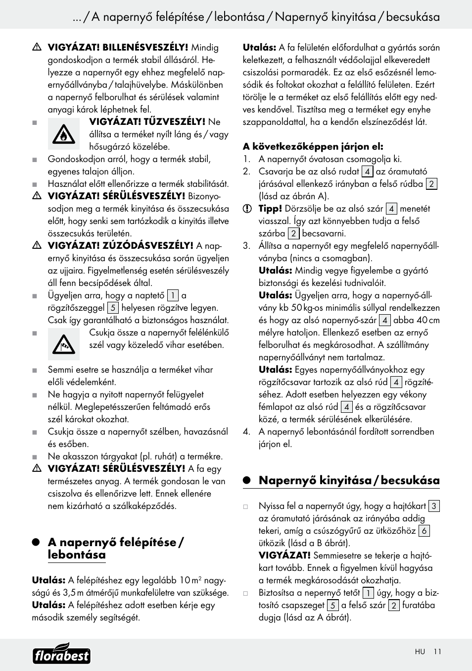 A napernyő felépítése / lebontása, Napernyő kinyitása / becsukása | Florabest Z9904 User Manual | Page 11 / 25