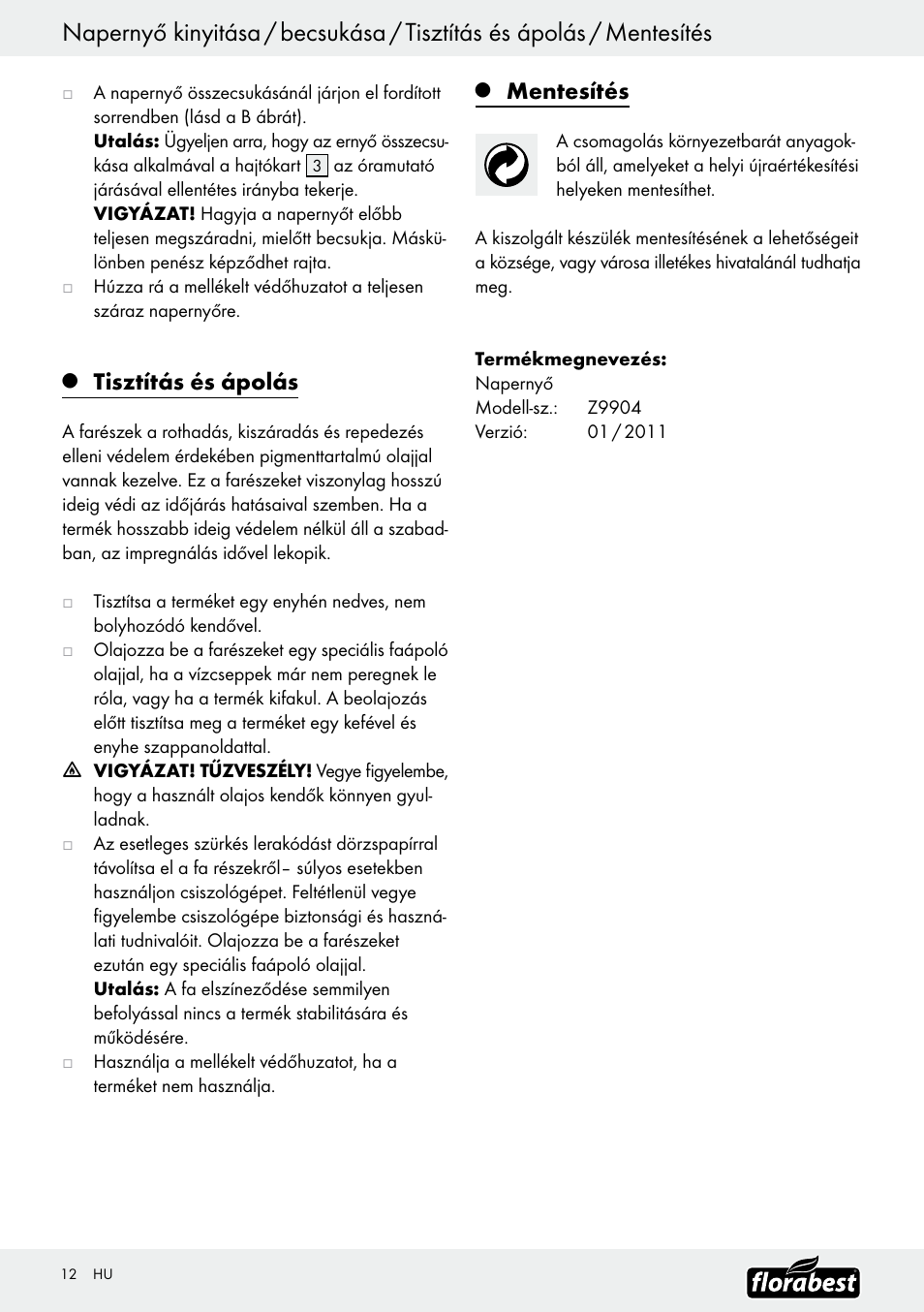 Tisztítás és ápolás, Mentesítés | Florabest Z9904 User Manual | Page 12 / 25