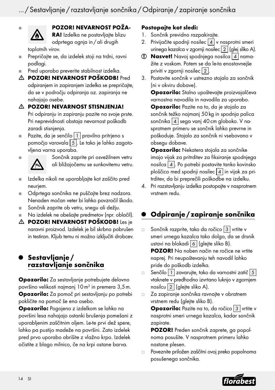 Sestavljanje / razstavljanje sončnika, Odpiranje / zapiranje sončnika | Florabest Z9904 User Manual | Page 14 / 25