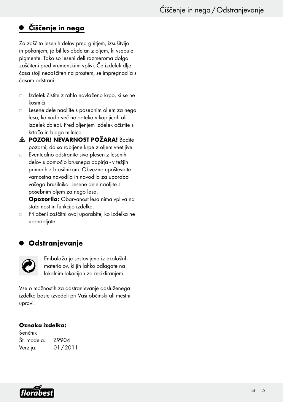 Čiščenje in nega / odstranjevanje, Čiščenje in nega, Odstranjevanje | Florabest Z9904 User Manual | Page 15 / 25