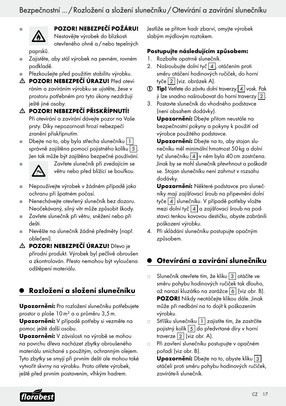 Rozložení a složení slunečníku, Otevírání a zavírání slunečníku | Florabest Z9904 User Manual | Page 17 / 25