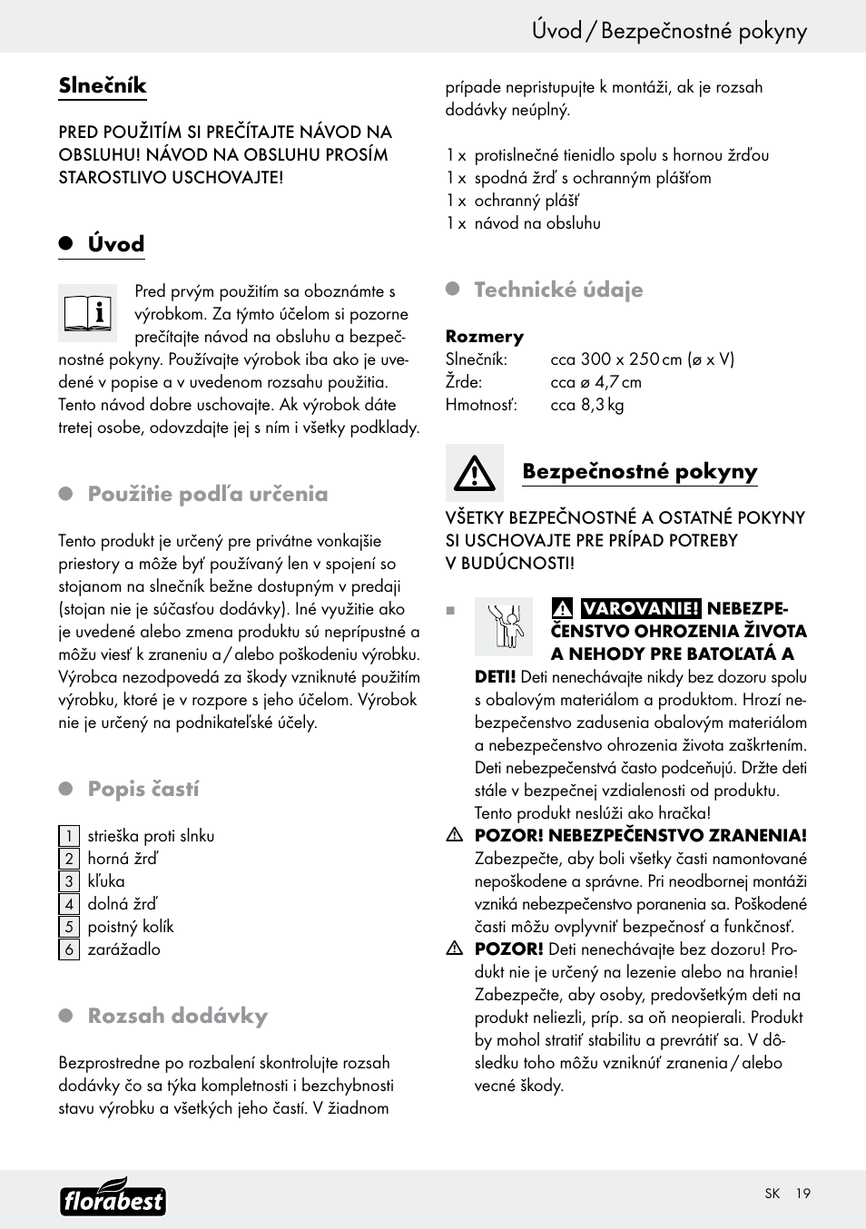 Úvod / bezpečnostné pokyny, Slnečník, Úvod | Použitie podľa určenia, Popis častí, Rozsah dodávky, Technické údaje, Bezpečnostné pokyny | Florabest Z9904 User Manual | Page 19 / 25