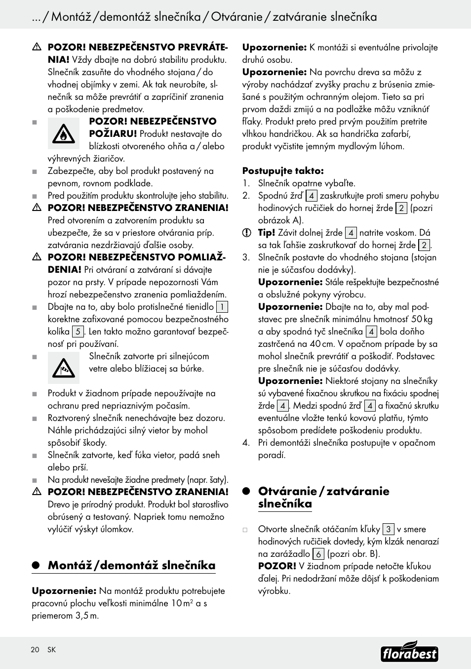 Montáž /demontáž slnečníka, Otváranie / zatváranie slnečníka | Florabest Z9904 User Manual | Page 20 / 25