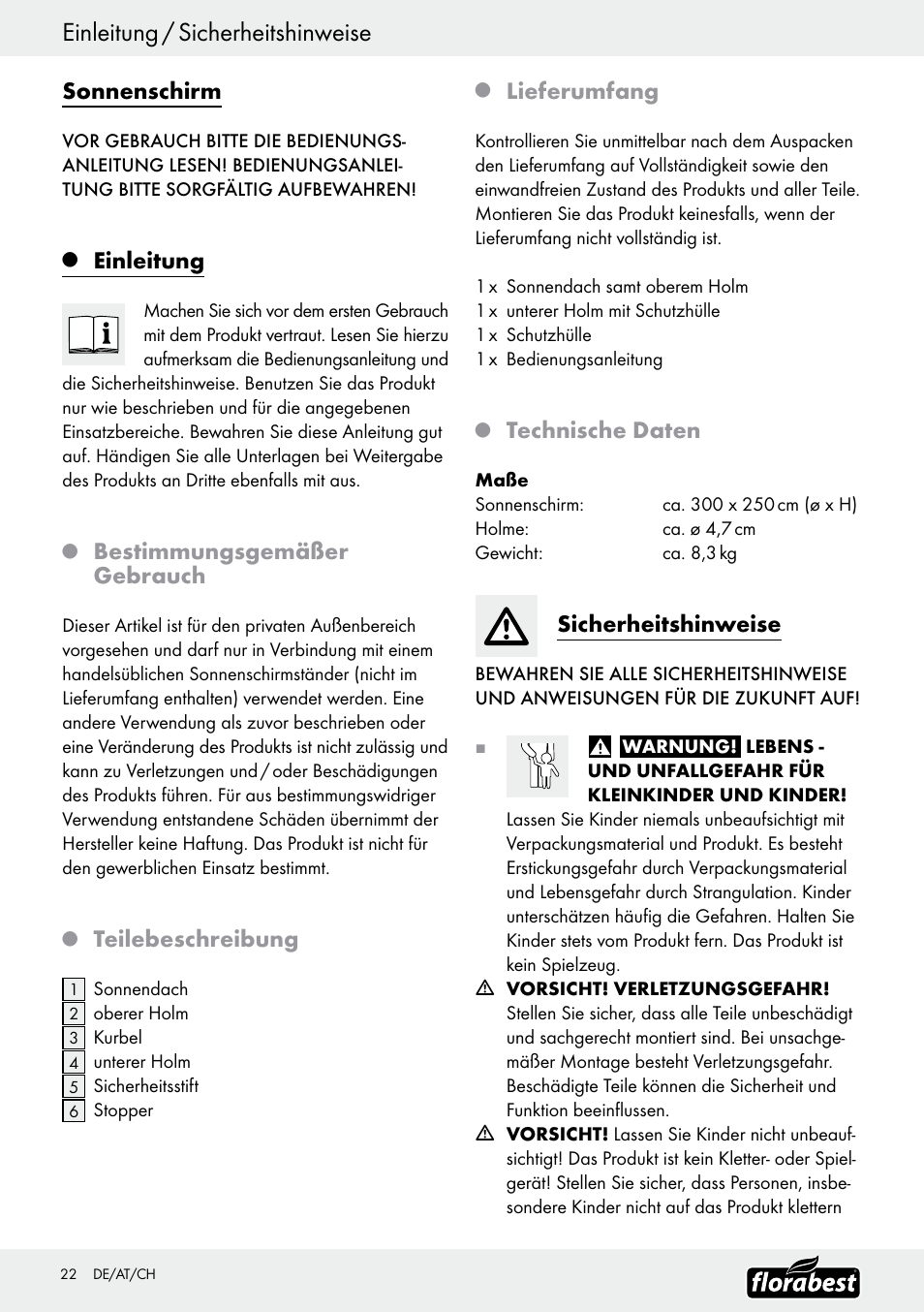 Einleitung / sicherheitshinweise, Sonnenschirm, Einleitung | Bestimmungsgemäßer gebrauch, Teilebeschreibung, Lieferumfang, Technische daten, Sicherheitshinweise | Florabest Z9904 User Manual | Page 22 / 25