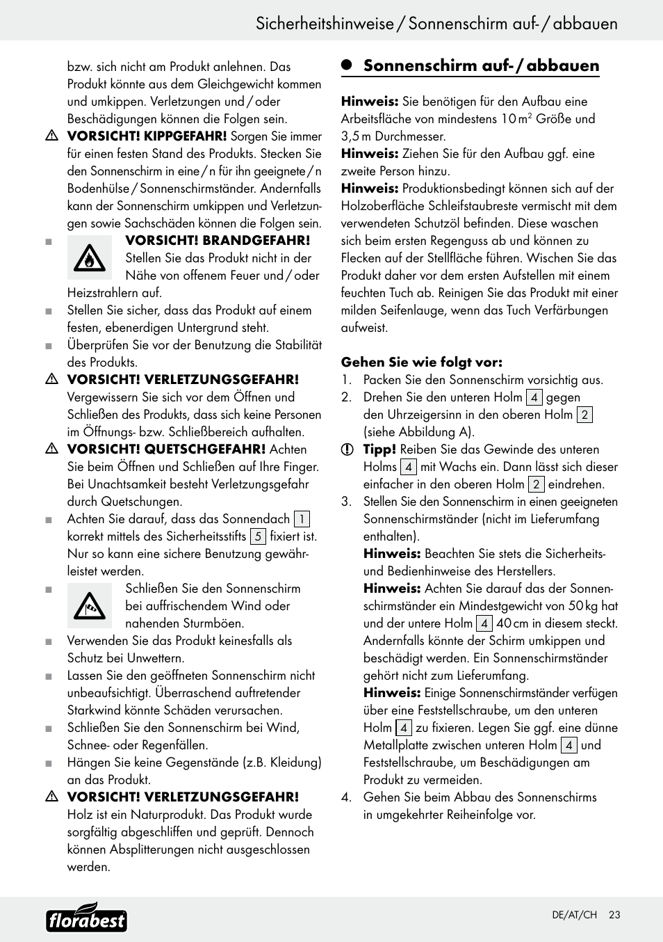 Sicherheitshinweise / sonnenschirm auf- / abbauen, Sonnenschirm auf- / abbauen | Florabest Z9904 User Manual | Page 23 / 25