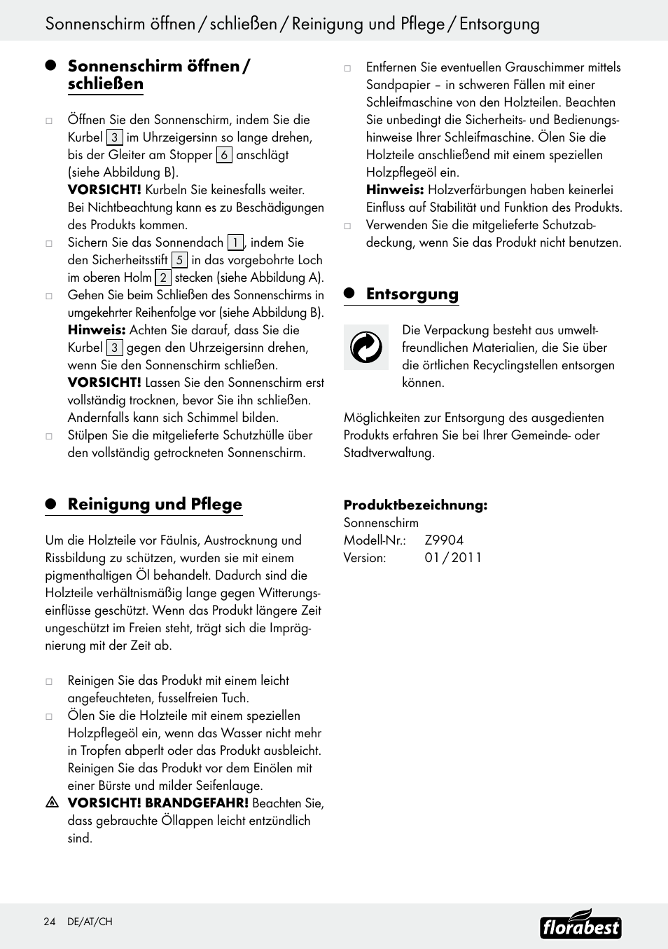Sonnenschirm öffnen / schließen, Reinigung und pflege, Entsorgung | Florabest Z9904 User Manual | Page 24 / 25