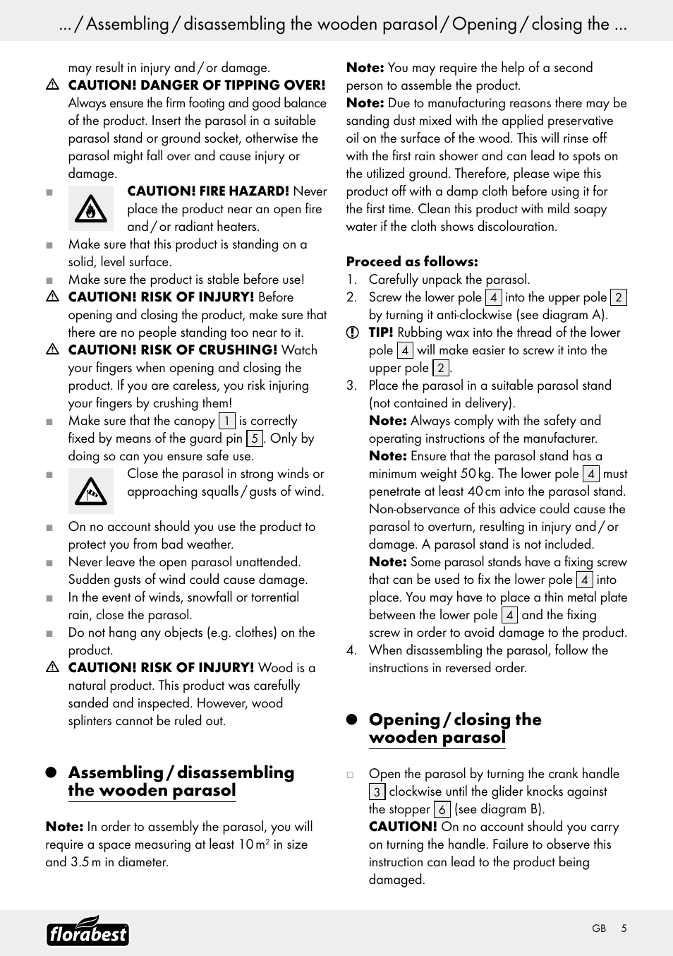 Assembling / disassembling the wooden parasol, Opening / closing the wooden parasol | Florabest Z9904 User Manual | Page 5 / 25