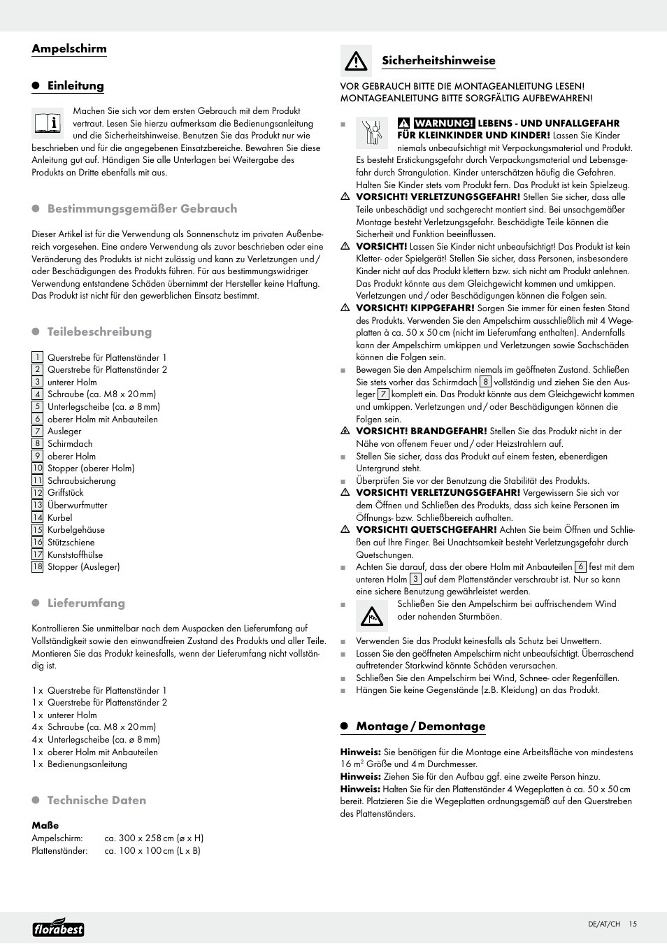 Ampelschirm, Einleitung, Bestimmungsgemäßer gebrauch | Teilebeschreibung, Lieferumfang, Technische daten, Sicherheitshinweise, Montage / demontage | Florabest Z29811 User Manual | Page 15 / 20