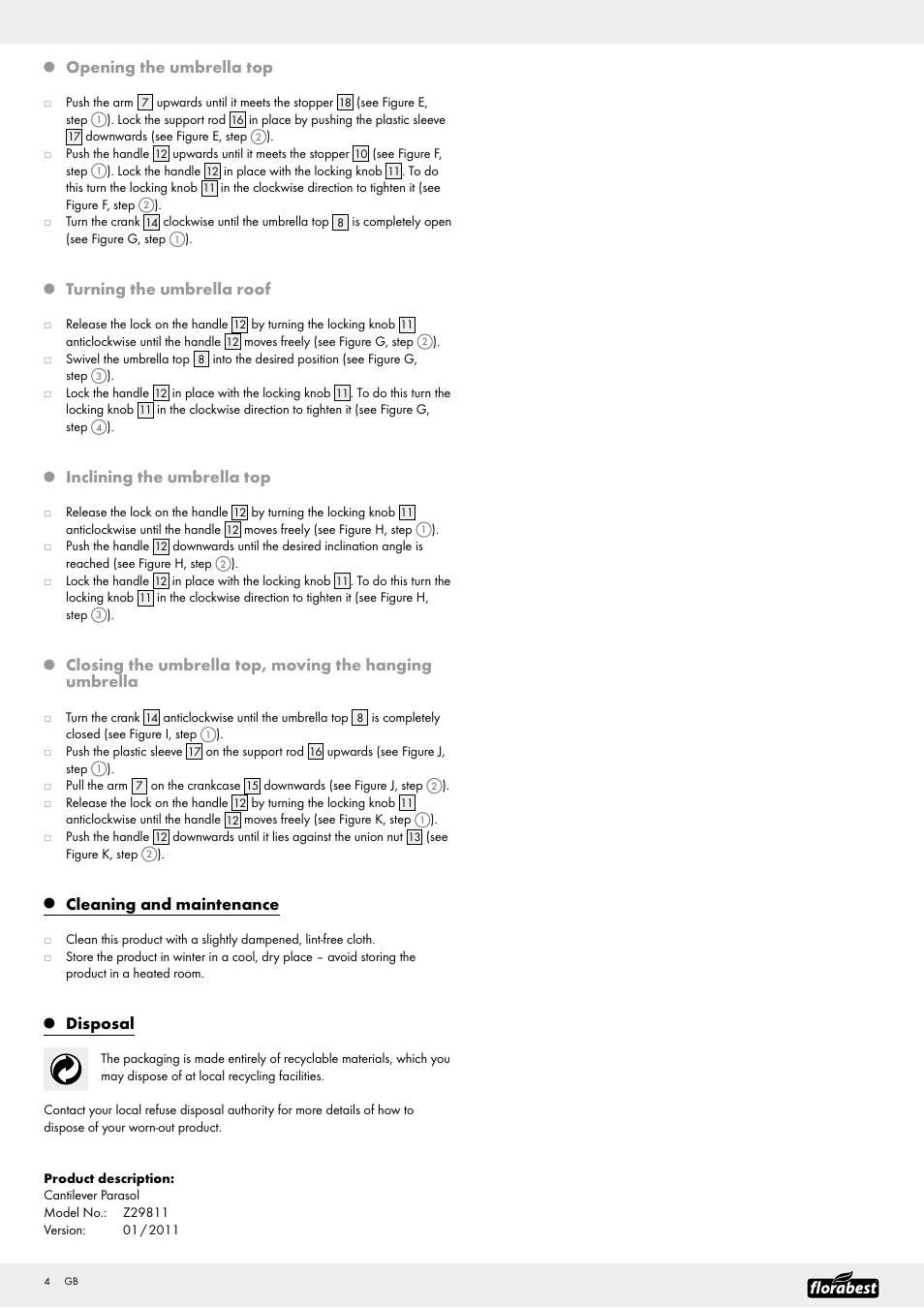 Opening the umbrella top, Turning the umbrella roof, Inclining the umbrella top | Cleaning and maintenance, Disposal | Florabest Z29811 User Manual | Page 4 / 20