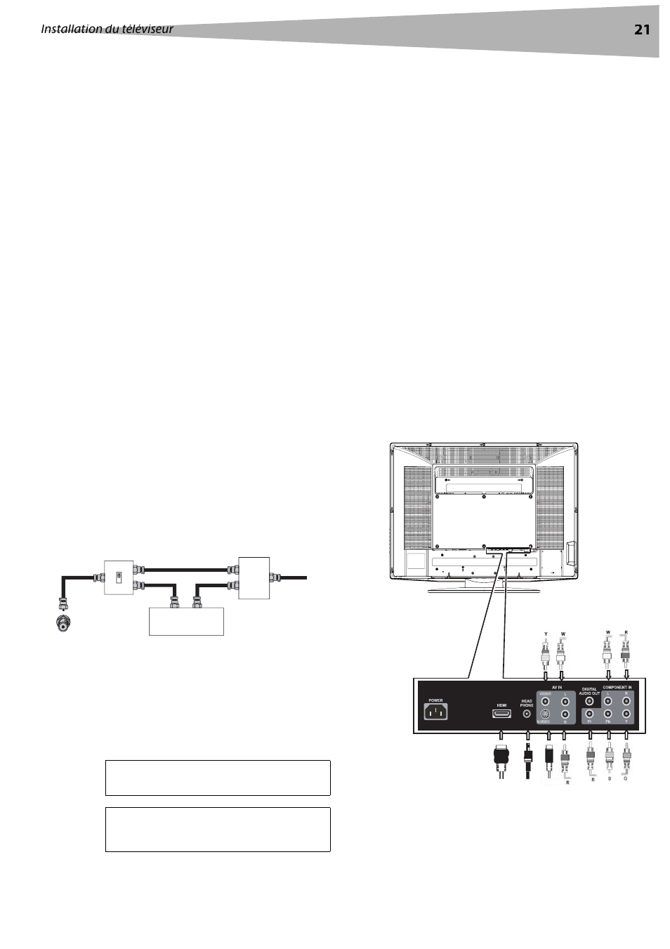 Raccordement à la tv câblée, Connexion à une source de signal externe, Installation du téléviseur | Dynex DX-LCD37 User Manual | Page 21 / 50