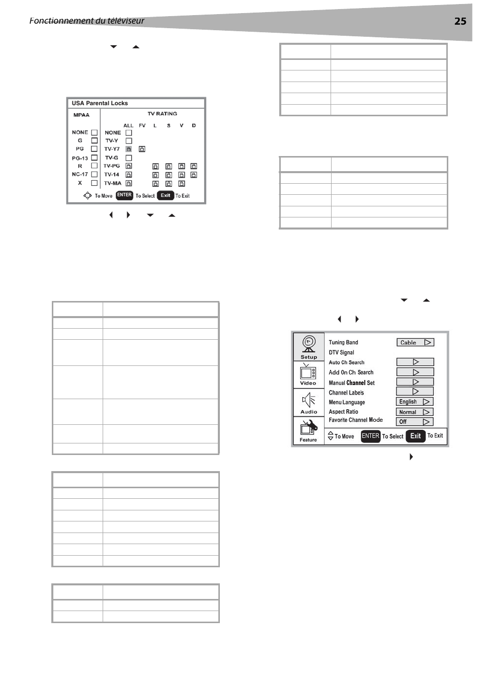 Classifications américaines mpaa, Classifications canadiennes mpaa, Classifications des directives parentales tv | Utilisation du menu d’écran, Fonctionnement du téléviseur | Dynex DX-LCD37 User Manual | Page 25 / 50