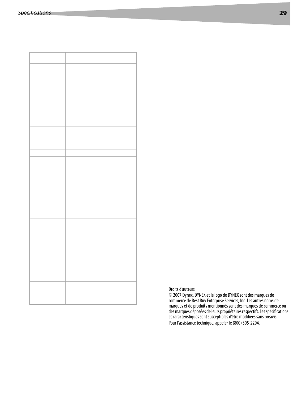 Spécifications, Avis juridiques, Fcc article 15 | Modifications, Câbles, Canadian notice, Avis canadien | Dynex DX-LCD37 User Manual | Page 29 / 50