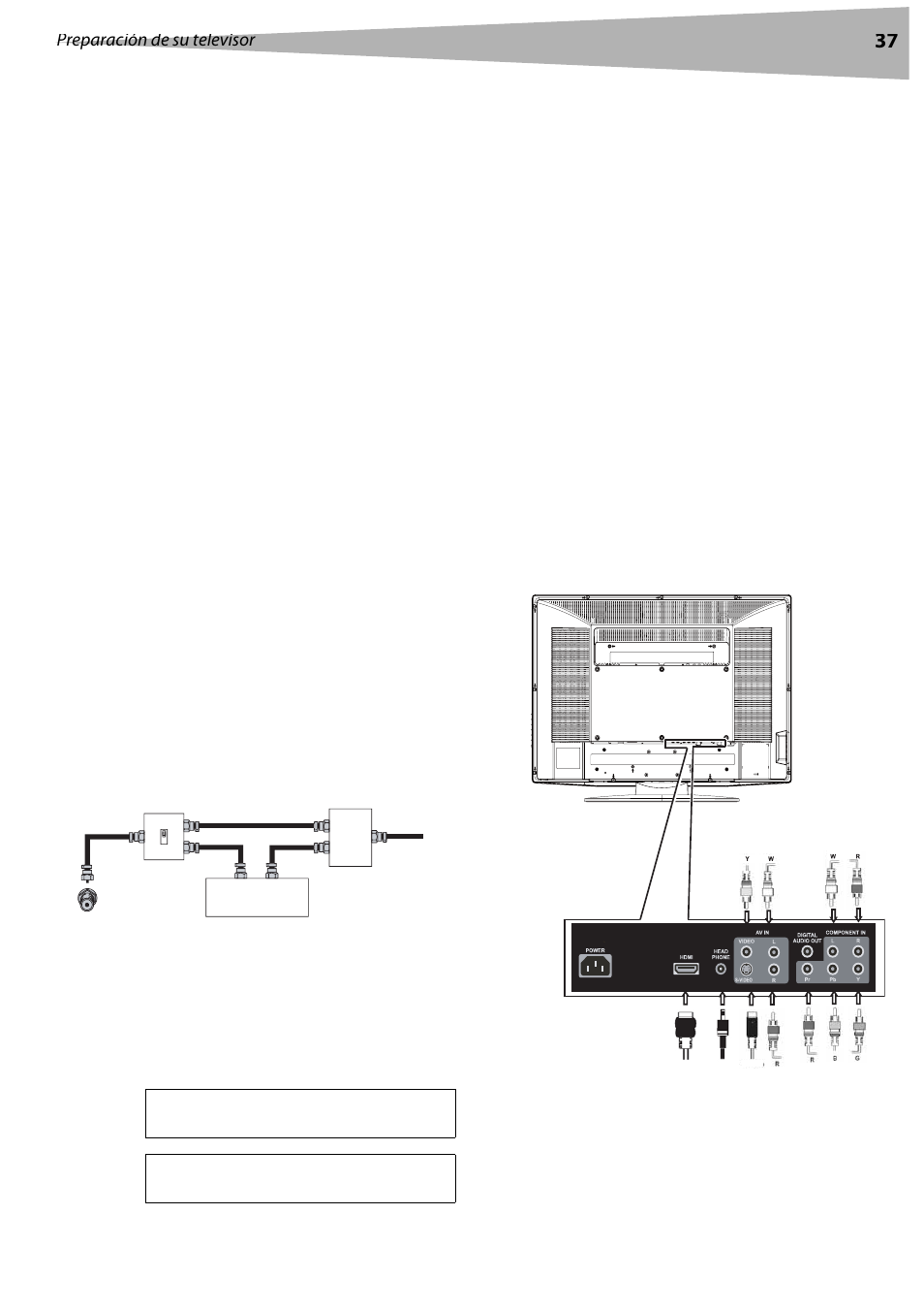 Conexión de tv por cable, Conexión a una fuente de señal externa, Preparación de su televisor | Dynex DX-LCD37 User Manual | Page 37 / 50