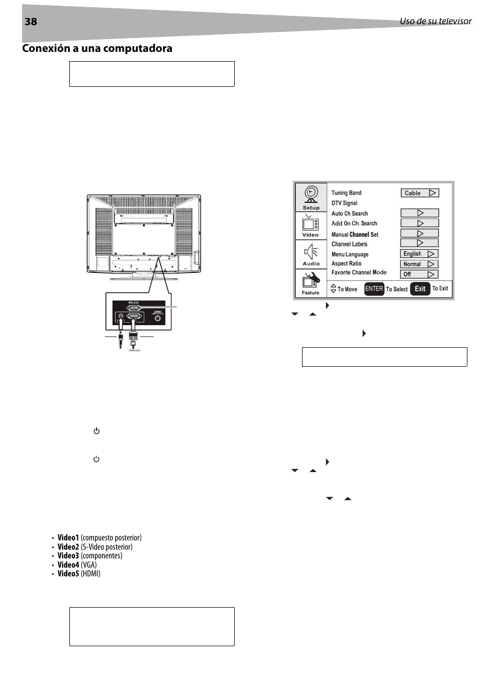 Conexión a una computadora, Uso de su televisor, Encendido y apagado de su televisor | Selección de la fuente de la señal de tv, Configuración de la lista de canales, Configuración automática de canales, Cambio de canales, Configuración de la lista de canales” en | Dynex DX-LCD37 User Manual | Page 38 / 50