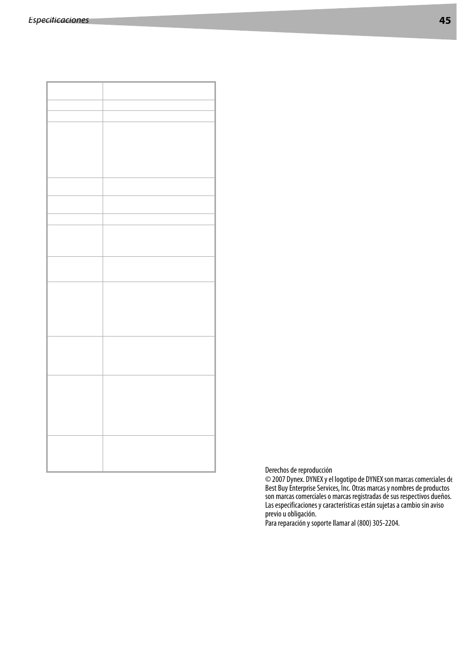 Especificaciones, Avisos legales, Fcc parte 15 | Modificaciones, Cables, Aviso canadiense, Avis canadien | Dynex DX-LCD37 User Manual | Page 45 / 50