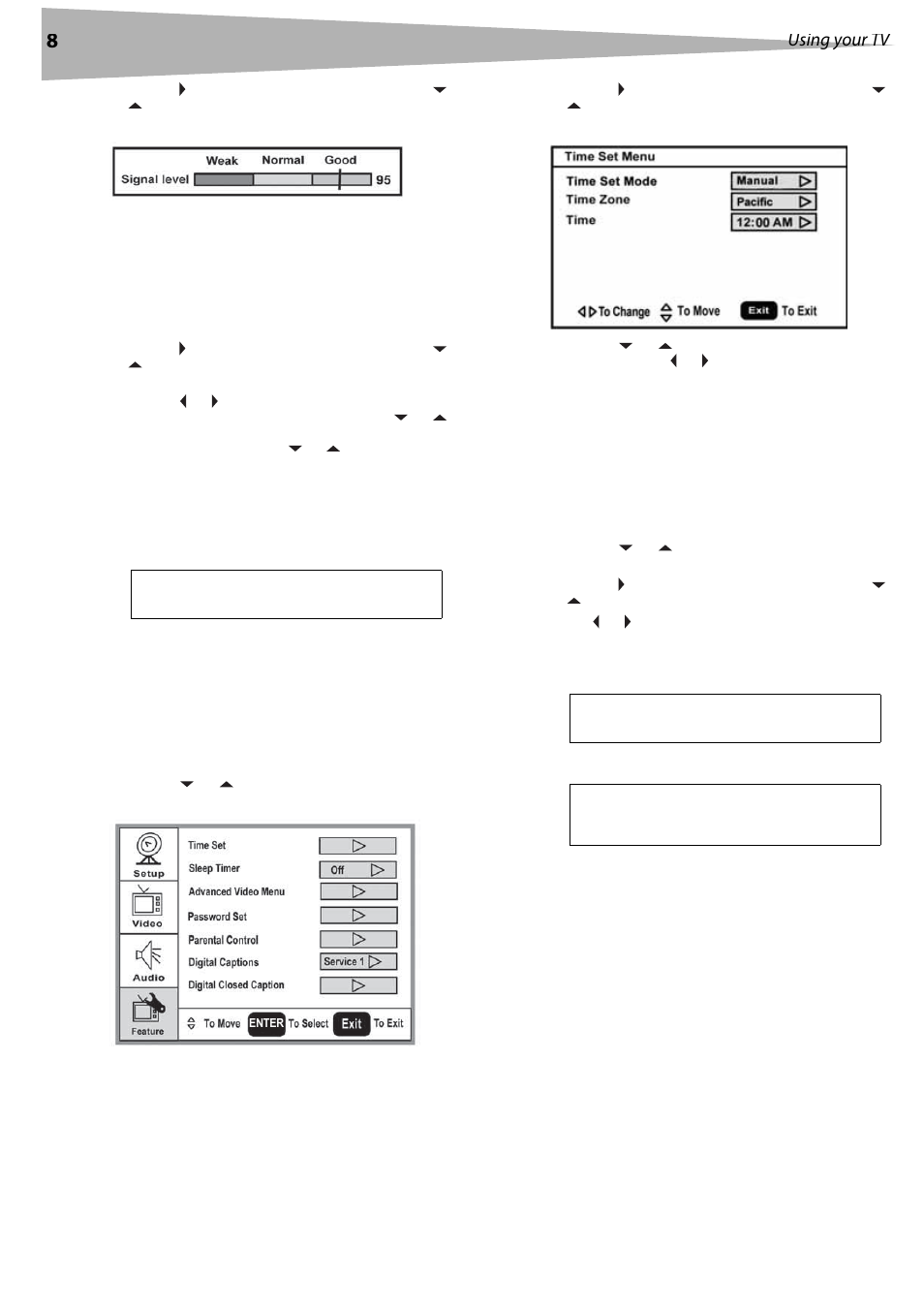 Adding a channel label, Freezing the picture, Setting the clock | Setting the sleep timer, Viewing closed captions, Setting parental controls, Ee “setting parental controls, Ge 8 f, Using your tv | Dynex DX-LCD37 User Manual | Page 8 / 50