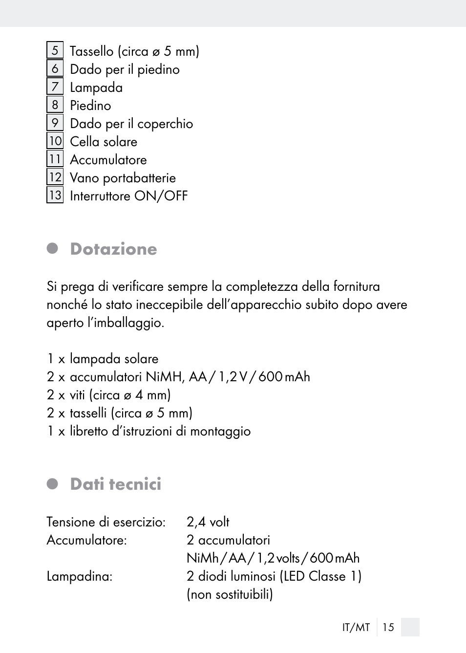 Dotazione, Dati tecnici | Florabest Z29544 User Manual | Page 15 / 58