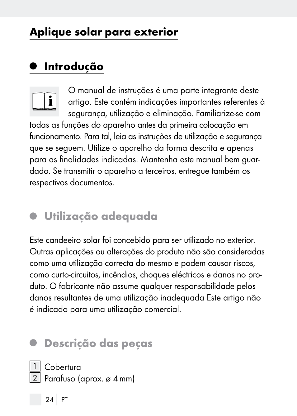 Aplique solar para exterior, Introdução, Utilização adequada | Descrição das peças | Florabest Z29544 User Manual | Page 24 / 58