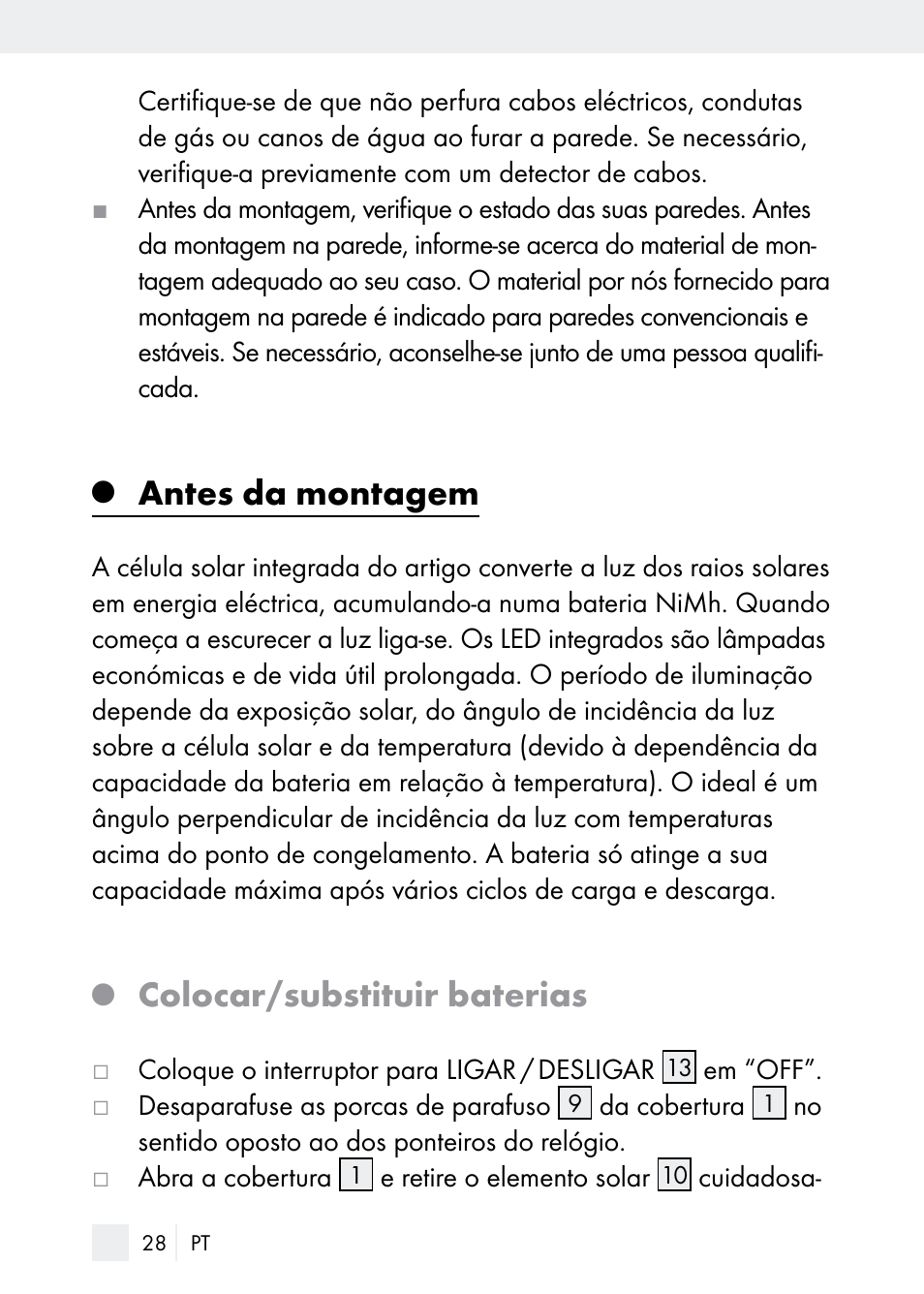 Antes da montagem, Colocar/substituir baterias | Florabest Z29544 User Manual | Page 28 / 58