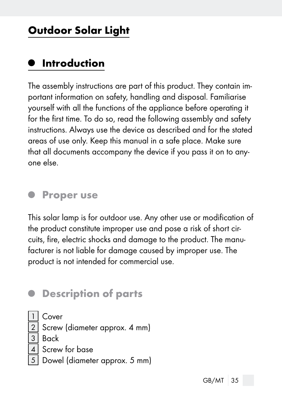 Outdoor solar light, Introduction, Proper use | Description of parts | Florabest Z29544 User Manual | Page 35 / 58