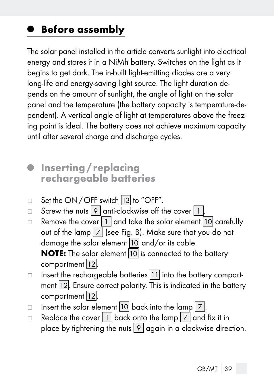 Before assembly, Inserting / replacing rechargeable batteries | Florabest Z29544 User Manual | Page 39 / 58