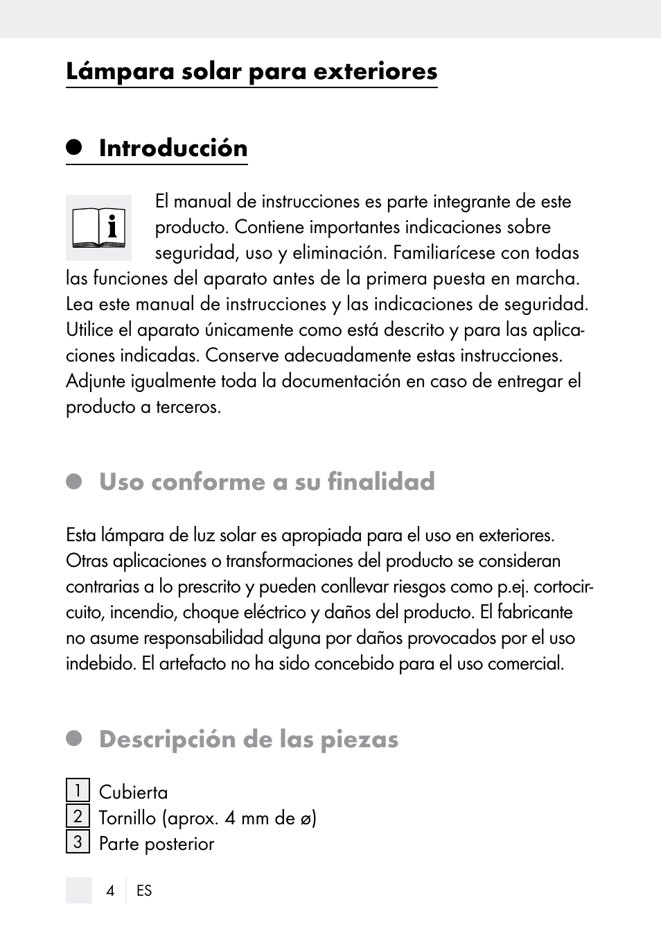 Lámpara solar para exteriores, Introducción, Uso conforme a su finalidad | Descripción de las piezas | Florabest Z29544 User Manual | Page 4 / 58