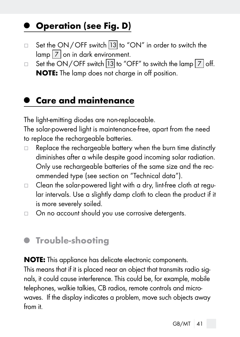 Operation (see fig. d), Care and maintenance, Trouble-shooting | Florabest Z29544 User Manual | Page 41 / 58