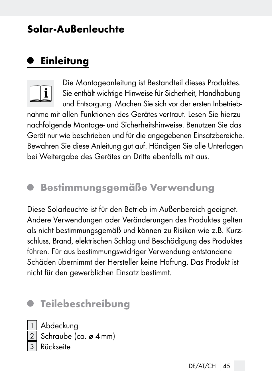 Solar-außenleuchte, Einleitung, Bestimmungsgemäße verwendung | Teilebeschreibung | Florabest Z29544 User Manual | Page 45 / 58