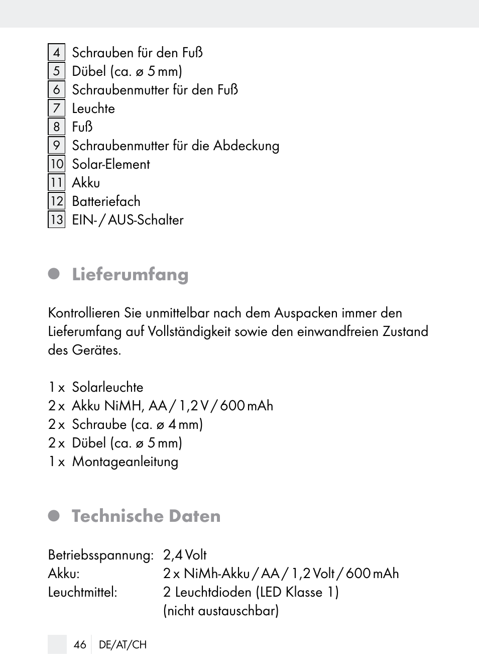 Lieferumfang, Technische daten | Florabest Z29544 User Manual | Page 46 / 58