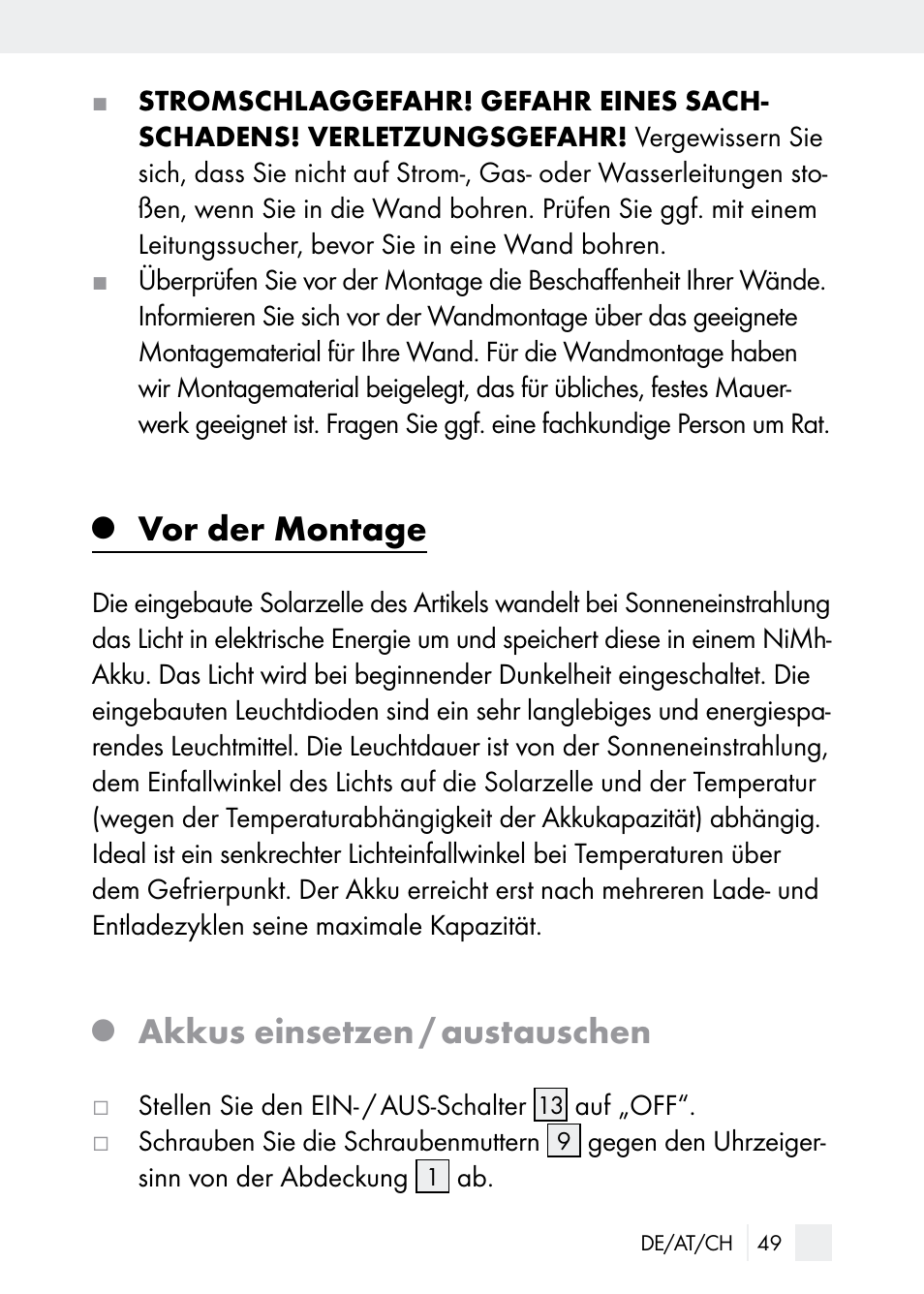 Vor der montage, Akkus einsetzen / austauschen | Florabest Z29544 User Manual | Page 49 / 58