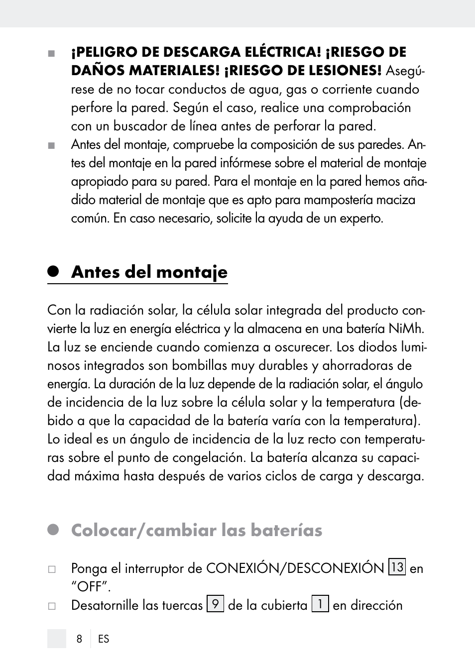 Antes del montaje, Colocar/cambiar las baterías | Florabest Z29544 User Manual | Page 8 / 58