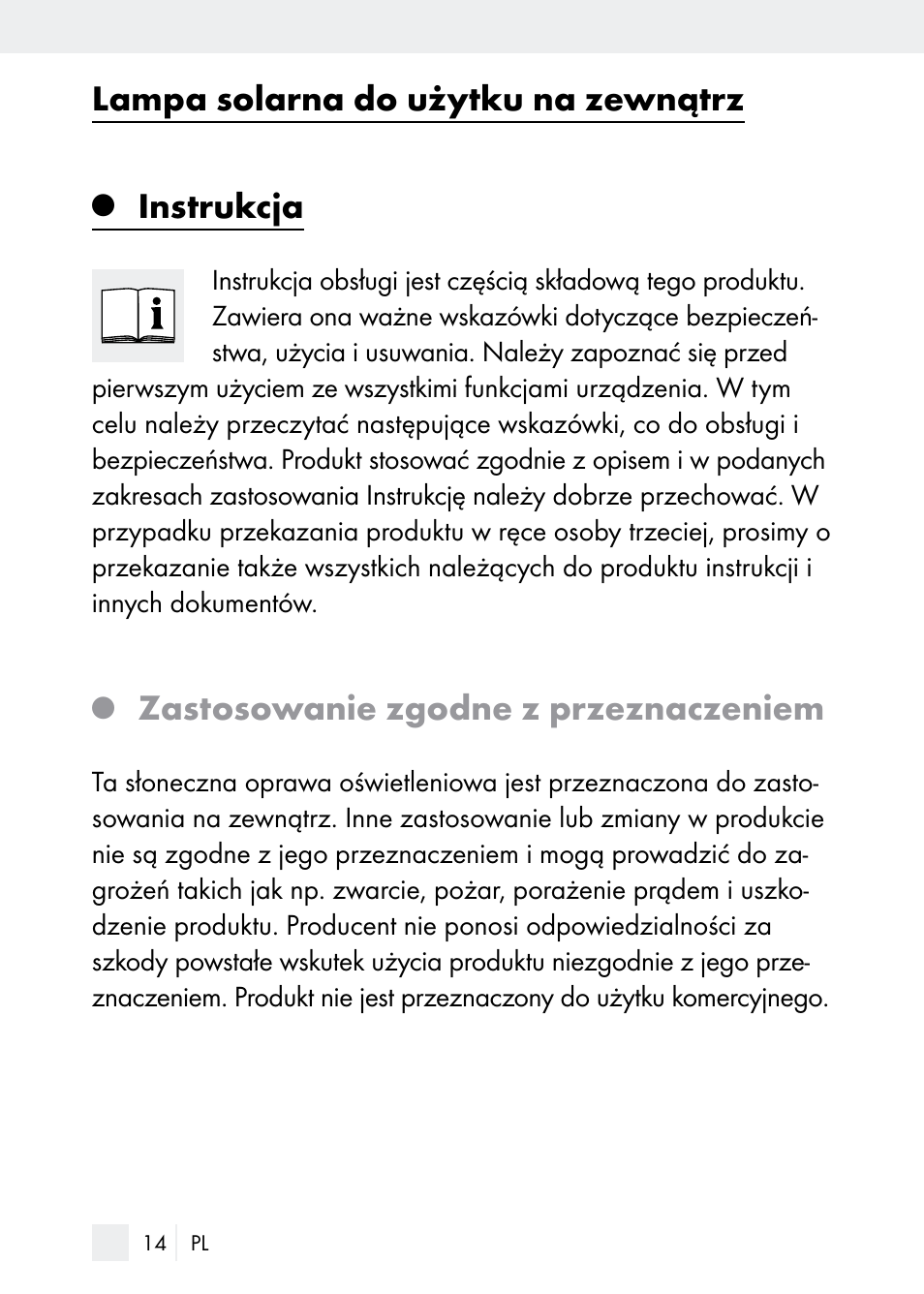 Lampa solarna do użytku na zewnątrz, Instrukcja, Zastosowanie zgodne z przeznaczeniem | Florabest Z29544 User Manual | Page 14 / 88