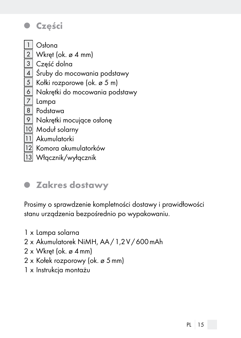 Części, Zakres dostawy | Florabest Z29544 User Manual | Page 15 / 88