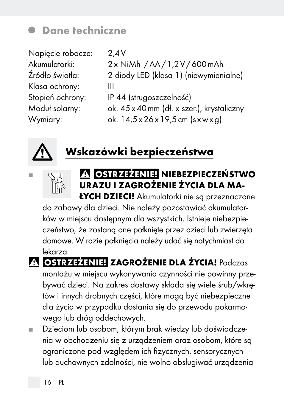 Dane techniczne, Wskazówki bezpieczeństwa | Florabest Z29544 User Manual | Page 16 / 88