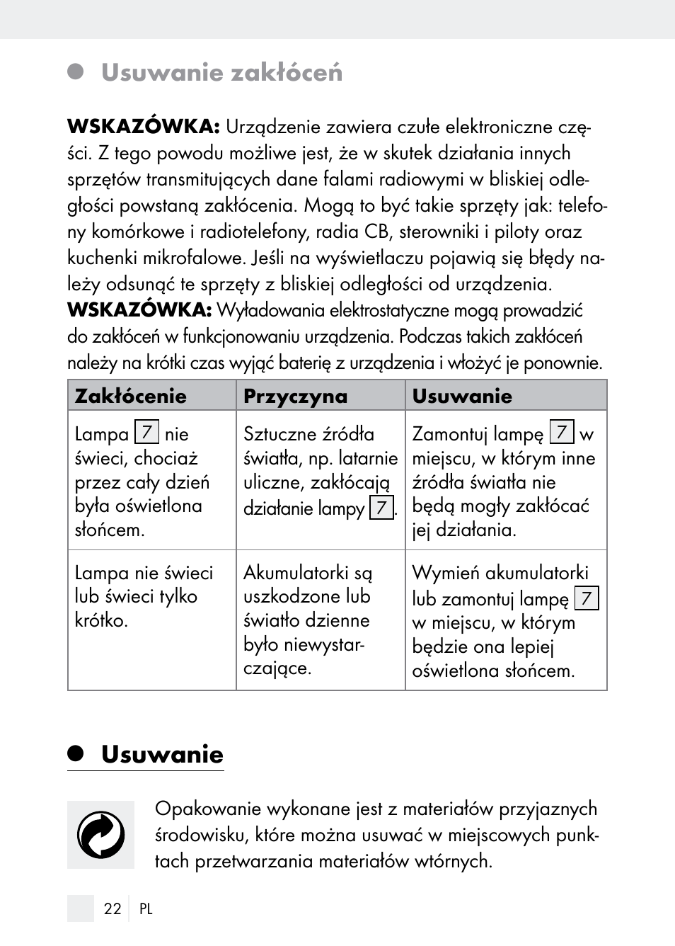 Usuwanie zakłóceń, Usuwanie | Florabest Z29544 User Manual | Page 22 / 88