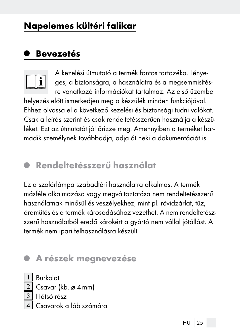 Napelemes kültéri falikar, Bevezetés, Rendeltetésszerű használat | A részek megnevezése | Florabest Z29544 User Manual | Page 25 / 88