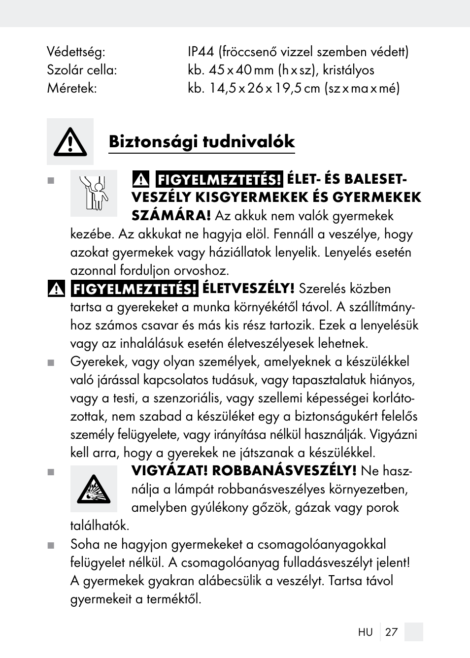 Biztonsági tudnivalók | Florabest Z29544 User Manual | Page 27 / 88