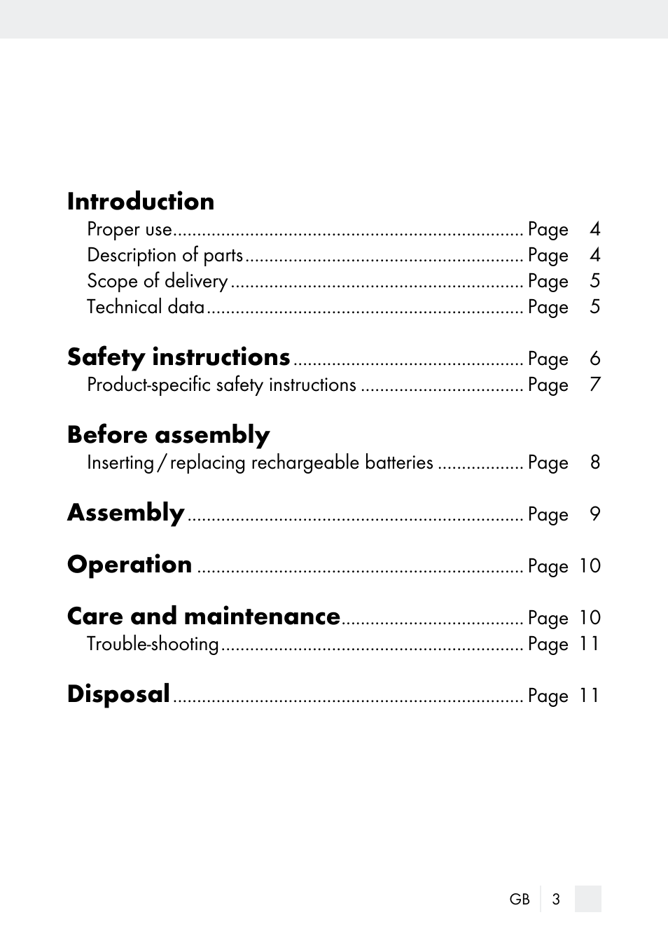 Introduction, Safety instructions, Before assembly | Assembly, Operation, Care and maintenance, Disposal | Florabest Z29544 User Manual | Page 3 / 88