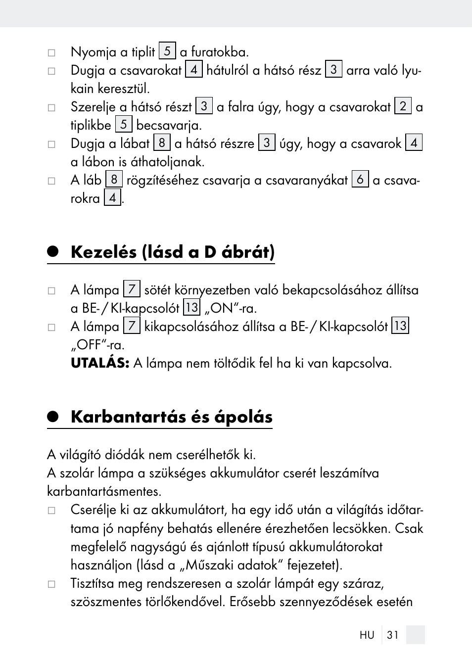 Kezelés (lásd a d ábrát), Karbantartás és ápolás | Florabest Z29544 User Manual | Page 31 / 88