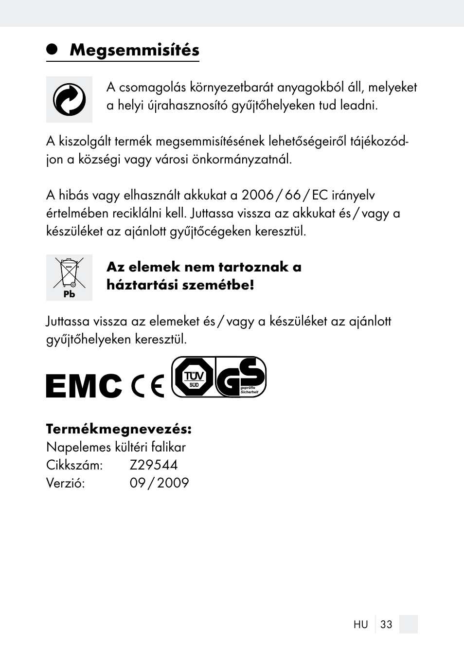 Megsemmisítés | Florabest Z29544 User Manual | Page 33 / 88