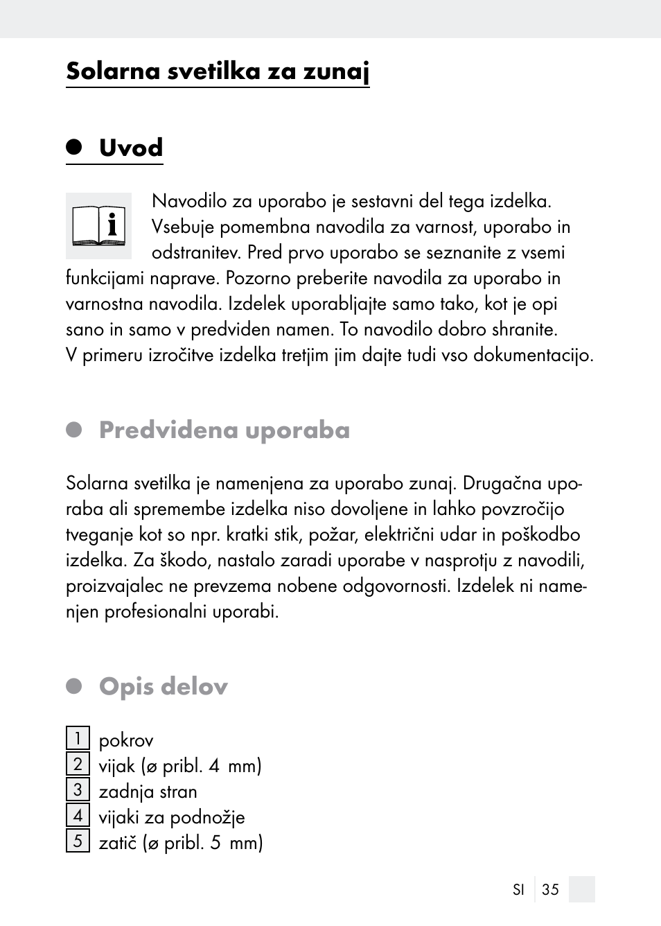 Solarna svetilka za zunaj, Uvod, Predvidena uporaba | Opis delov | Florabest Z29544 User Manual | Page 35 / 88