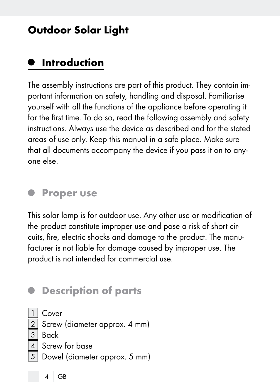 Outdoor solar light, Introduction, Proper use | Description of parts | Florabest Z29544 User Manual | Page 4 / 88