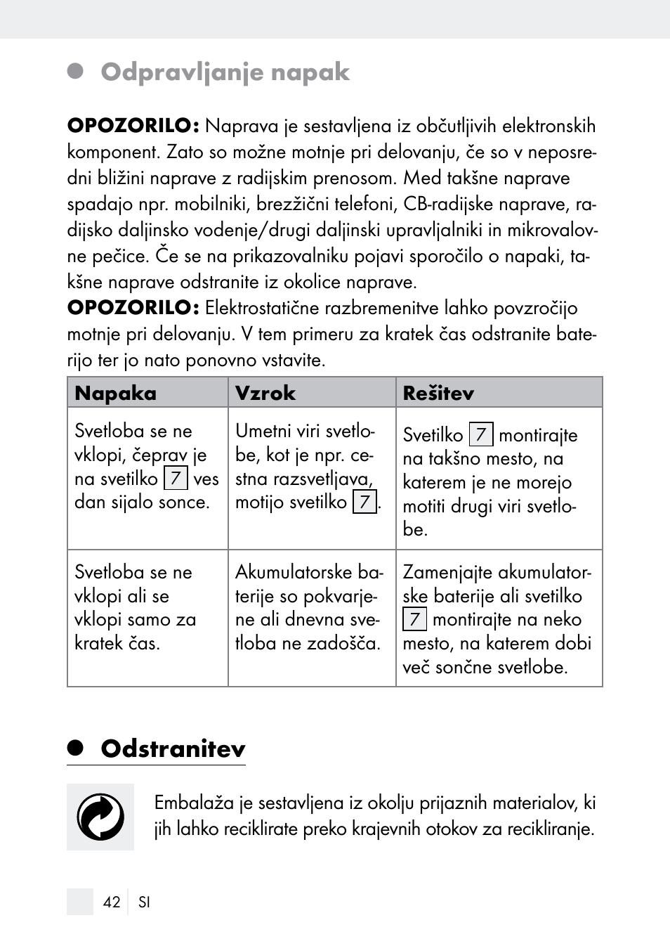 Odpravljanje napak, Odstranitev | Florabest Z29544 User Manual | Page 42 / 88