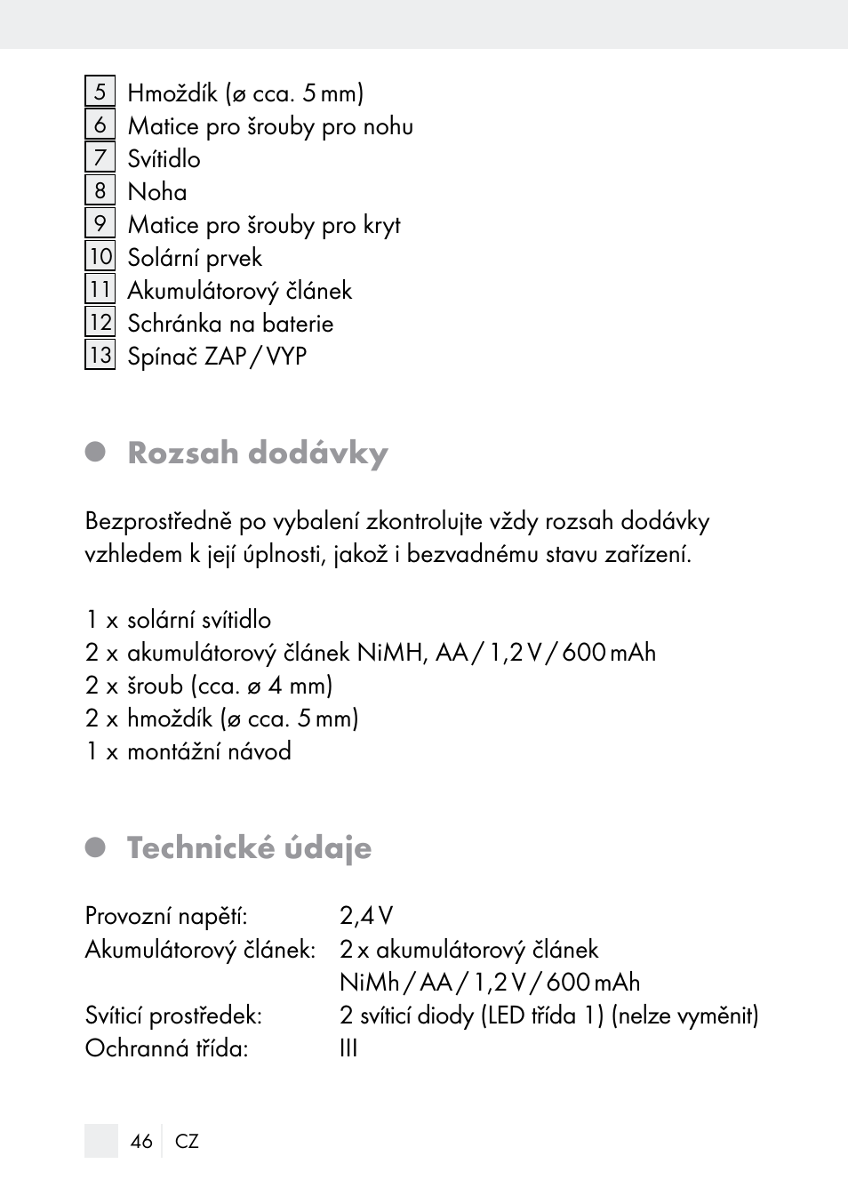 Rozsah dodávky, Technické údaje | Florabest Z29544 User Manual | Page 46 / 88