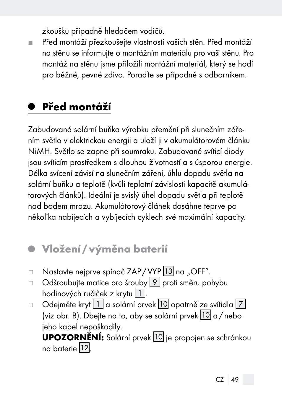 Před montáží, Vložení / výměna baterií | Florabest Z29544 User Manual | Page 49 / 88