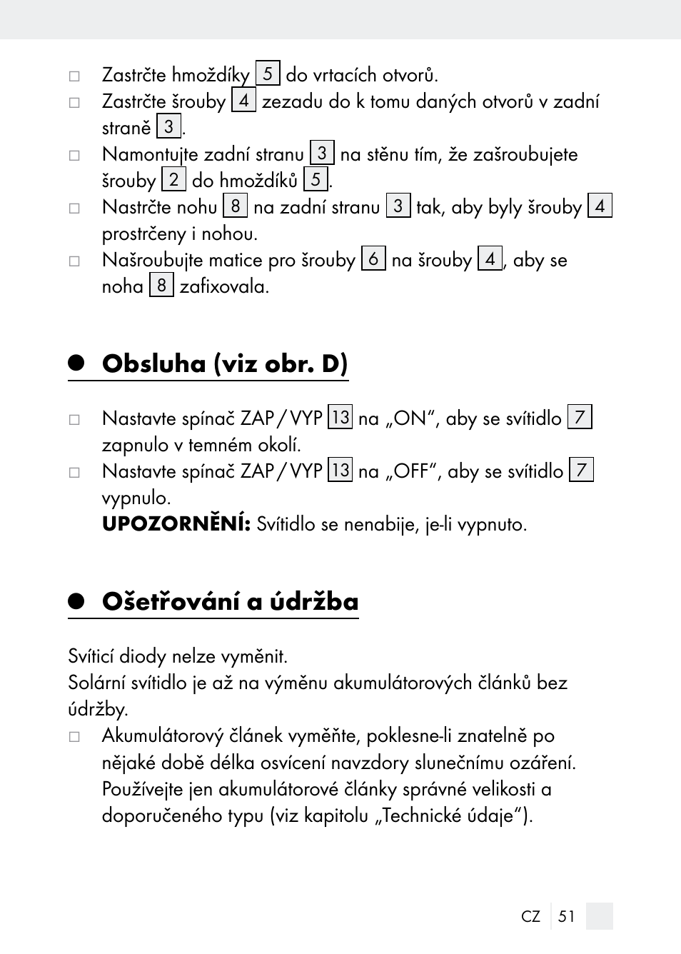 Obsluha (viz obr. d), Ošetřování a údržba | Florabest Z29544 User Manual | Page 51 / 88