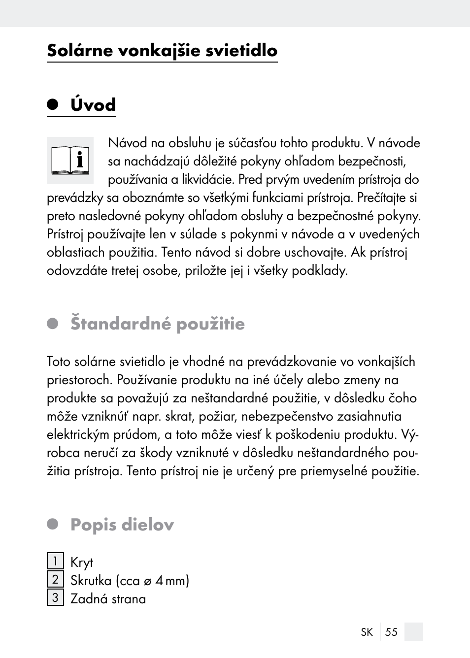 Solárne vonkajšie svietidlo, Úvod, Štandardné použitie | Popis dielov | Florabest Z29544 User Manual | Page 55 / 88