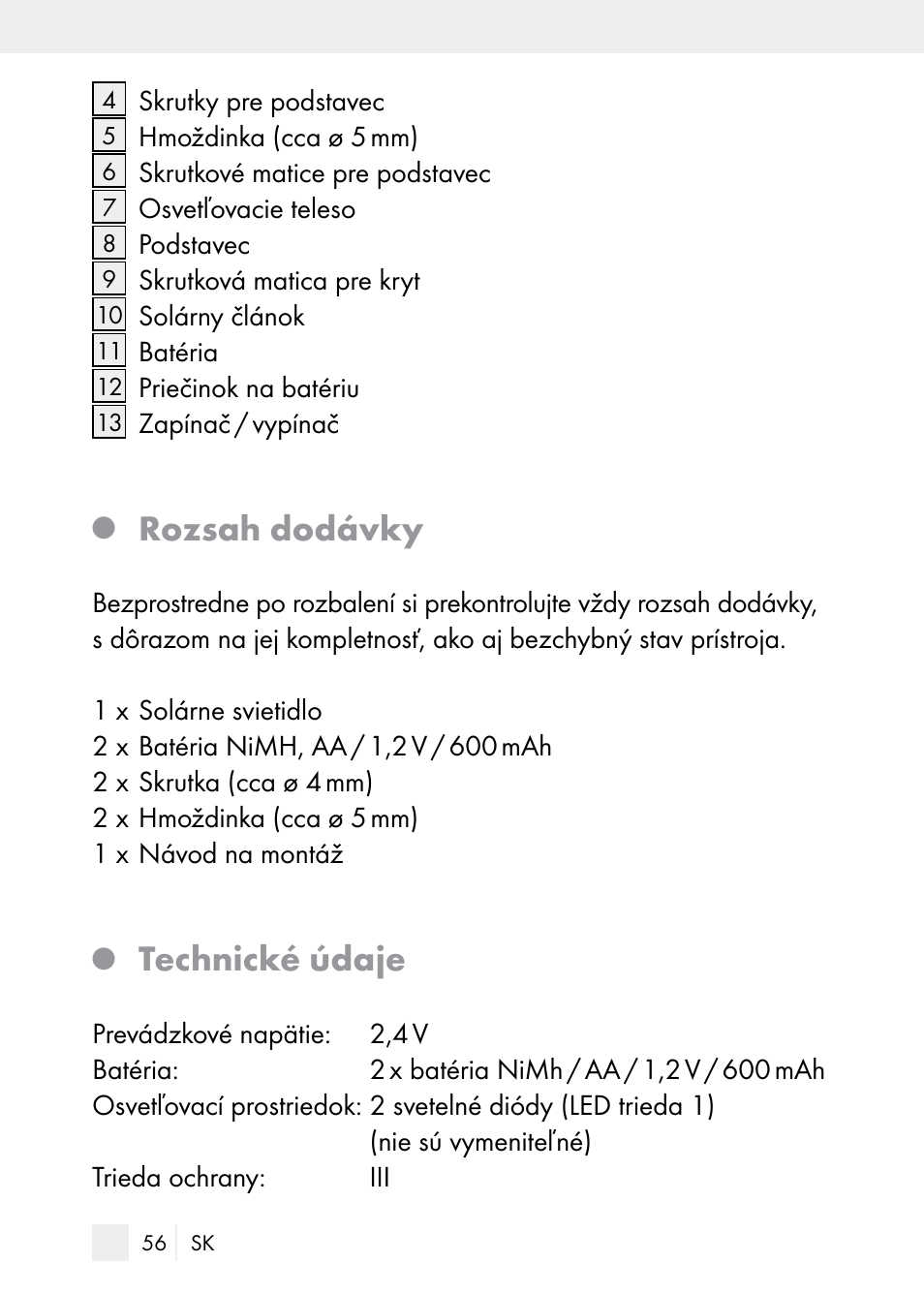 Rozsah dodávky, Technické údaje | Florabest Z29544 User Manual | Page 56 / 88