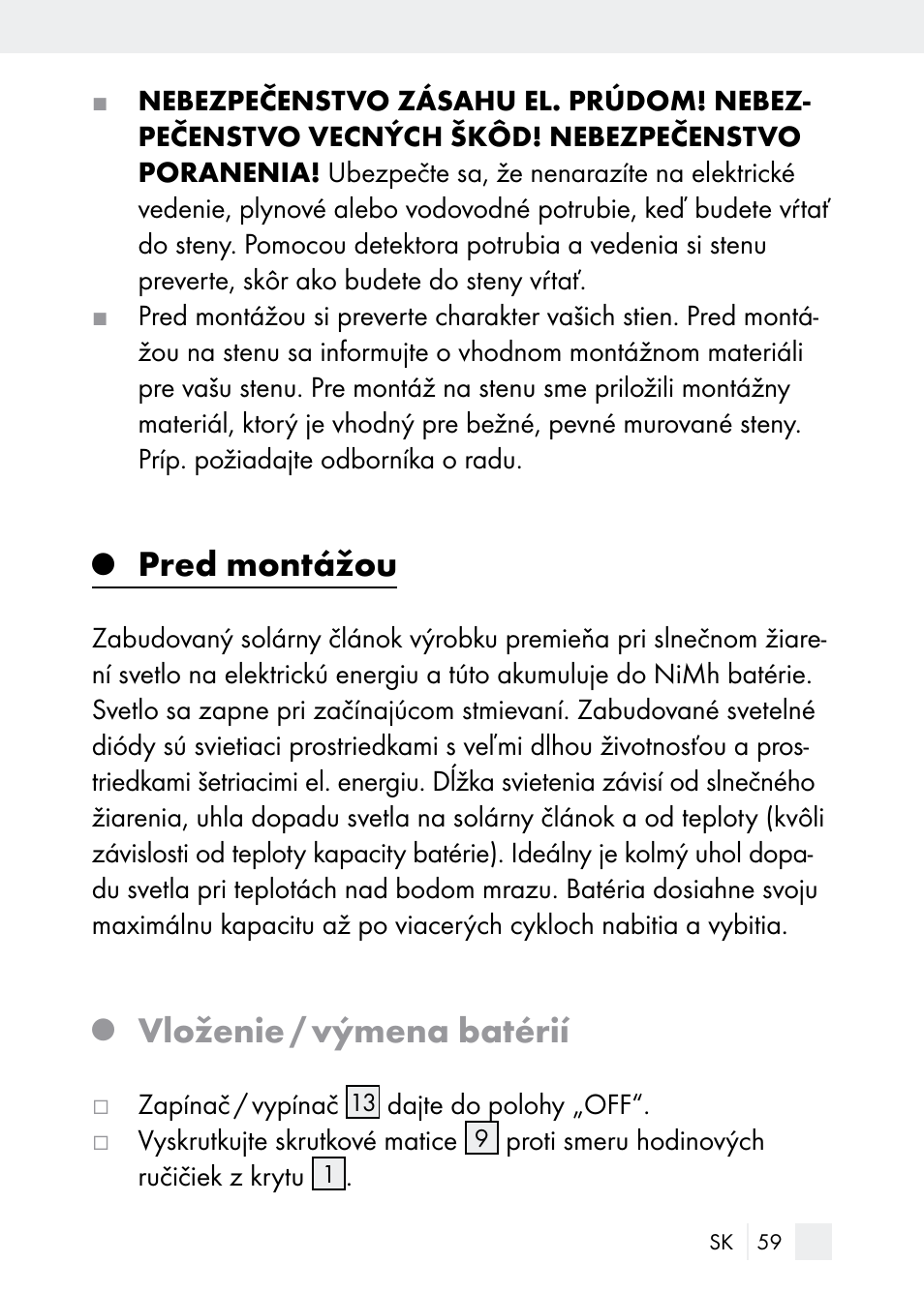 Pred montážou, Vloženie / výmena batérií | Florabest Z29544 User Manual | Page 59 / 88
